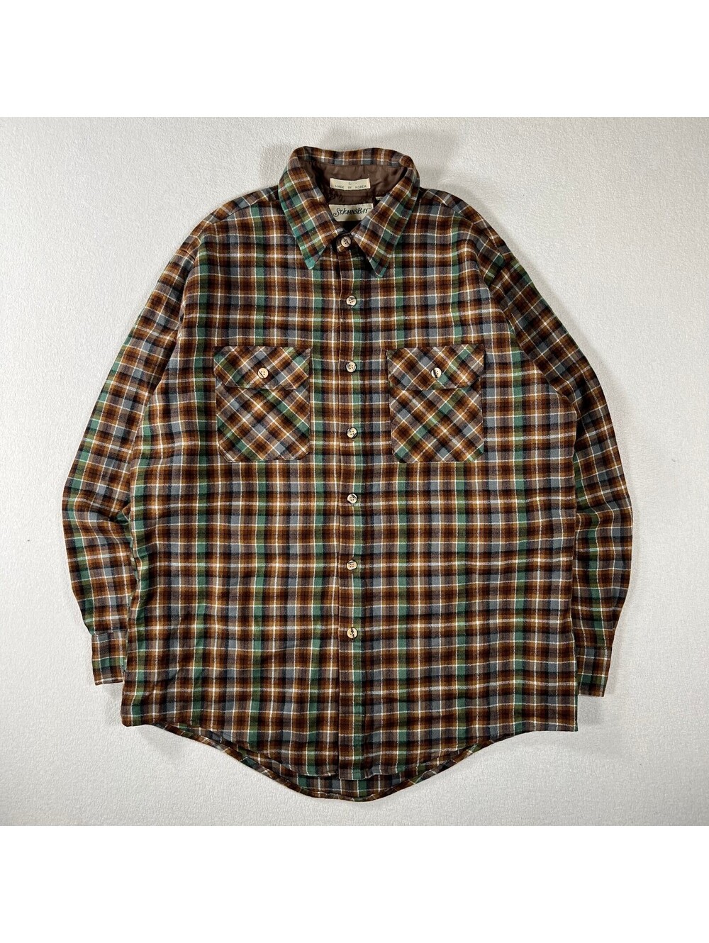 St. John's Bay Men's Large Brown Green Plaid Acrylic Flannel Shirt Made in Korea